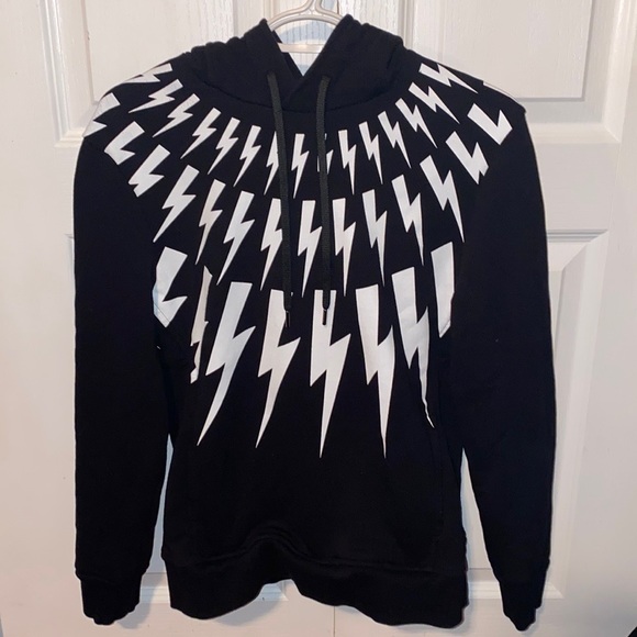 Neil Barrett Thunderbolt Fair Isle pullover hoodie sweatshirt drawstring black - Picture 6 of 12
